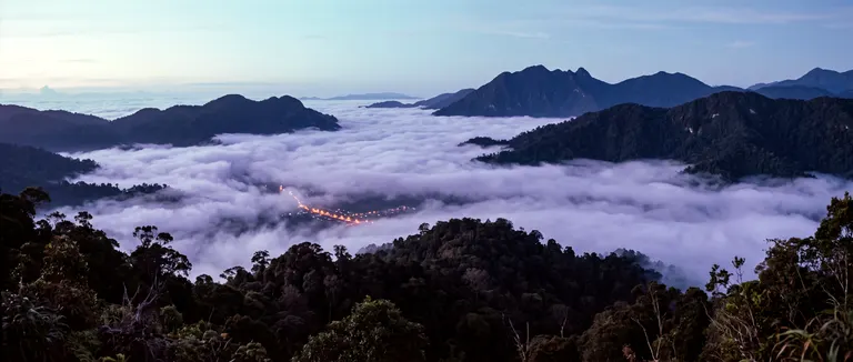 A sea of clouds filling a rainforest valley at first light, one seam of town lamplight glowing beneath the mist.