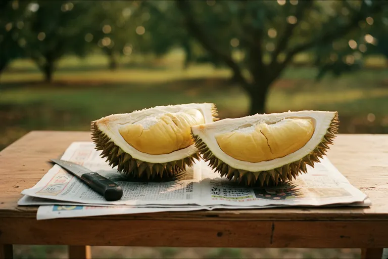 A Musang King durian opened at an orchard table: two husk halves on Chinese newspaper, deep golden lobes, a worn knife beside.