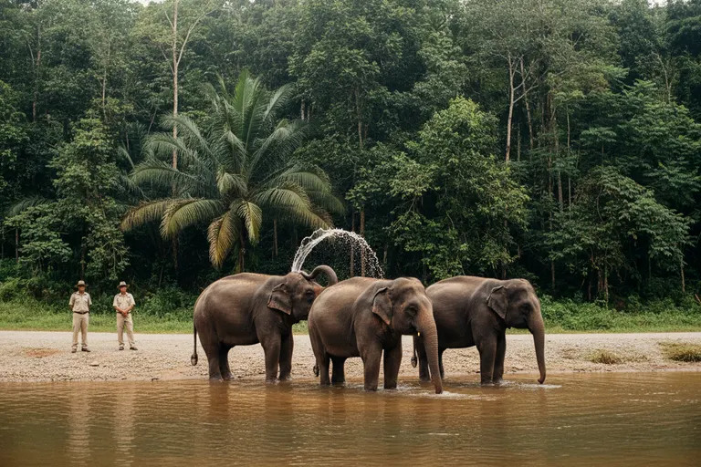 Three rescued elephants standing in a shallow brown river at Kuala Gandah, one spraying water, keepers watching from the far bank.