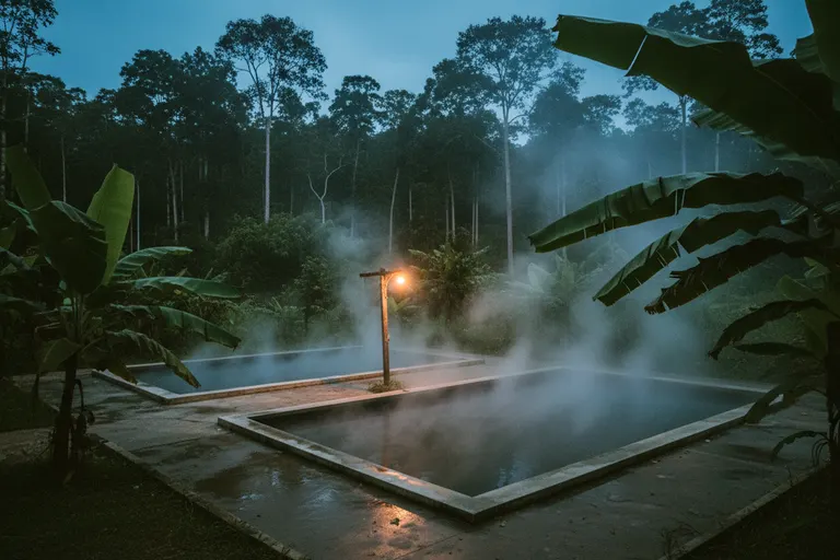 The free kampung hot spring at dusk: two concrete-edged pools steaming under one bare bulb, rainforest dark behind.