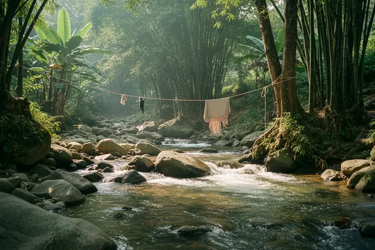 The Sungai Benus at Janda Baik: clear cold water over smooth boulders between bamboo, a washing line strung across the river.