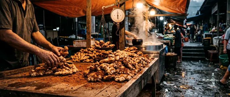Morning market stall: heaped old ginger rhizomes under tarpaulin light, a hanging spring scale, steam drifting from a tofu vat behind.