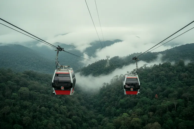 Two cable-car gondolas suspended over unbroken rainforest canopy, low cloud pouring between the ridges beneath them.