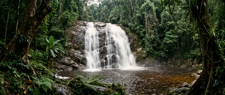 A rainforest waterfall in white sheets over dark granite.